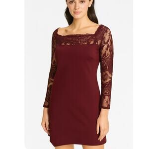 BB Dakota dress body-con lace long sleeves square neck stretch maroon/burgundy
